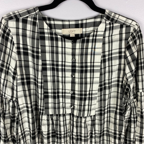 Loft Plaid Long Sleeve Peasant Blouse Medium Black White - Picture 4 of 12